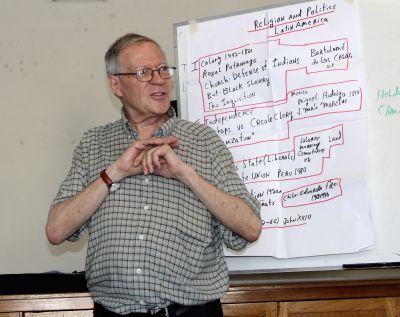 During his lectures, Father Klaiber typically followed on outline he wrote on large pieces of paper.