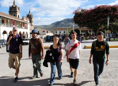 Thomas, Jonathan, Aimee, Jake and Gretchen stroll through the Plaza de Armas in Ayacucho.