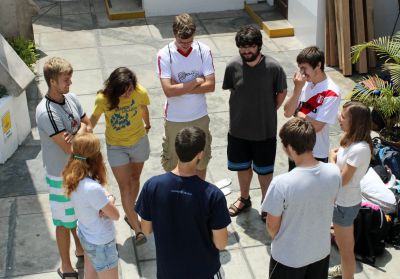 Students wait for their time to take their oral Spanish language evaluation.