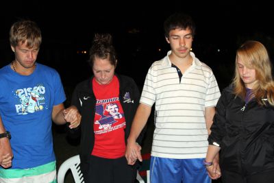 Derek, Malaina, Jake and Aimee join the prayer circle.