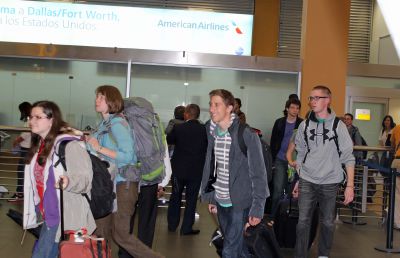 Miranda, Leah, Timothy, Matt and other students emerge from customs at the Lima airport.