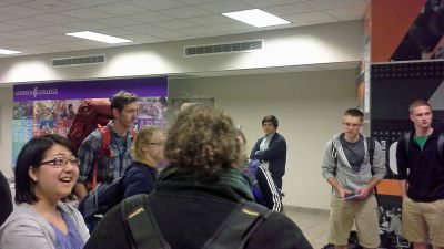 Students, family and friends gather in the Union building for the send-off of students to Peru and Nicaragua.