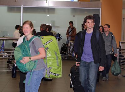 Emma, Brody and other students emerge from customs at the Lima airport.