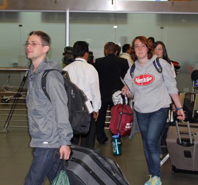 Stefan, Sierra and Jaime emerge from customs at the Lima airport.