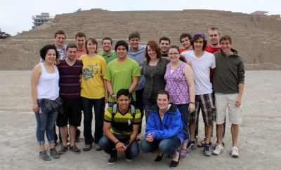 Stopping for a group photo in front of the pyramid