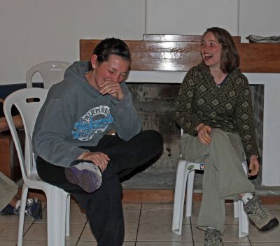 Jaime, left, and Leah cannot contain their laughter during a role-play.