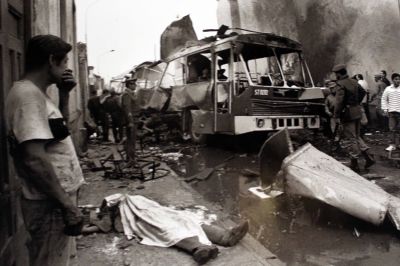 The remains of a victim of a bus attack in Lima in June 1989. The bus had been carrying 27 members of the presidential guard.