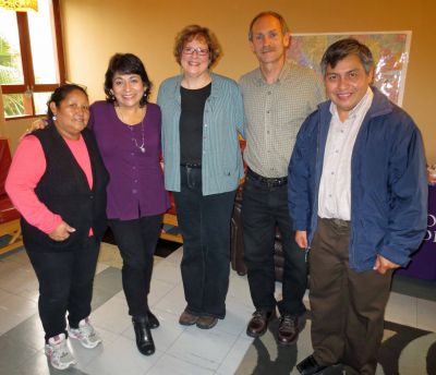 Equipo Goshen (Team Goshen) for 2014-2015 (from left): Program Assistant Alicia Taipe Tello; Study Coordinator Celia Vasquez, Peru SST Co-Directors Karen Sherer Stoltzfus and Duane Stoltzfus; and Service Coordinator Willy Villavicencio.