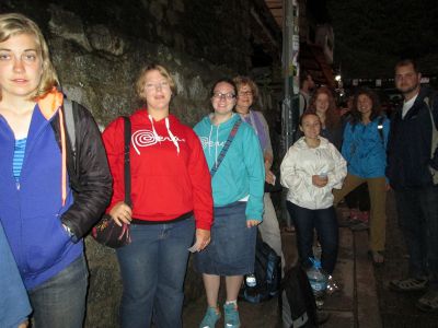 Students waiting in line for the first buses up the mountain to Machu Picchu.