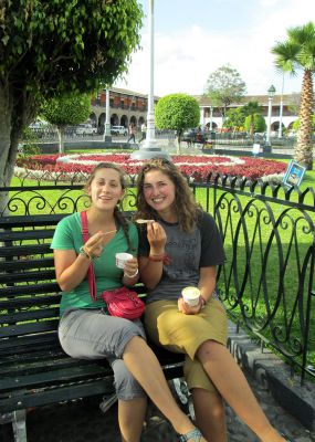 Mariah and Elizabeth enjoy ice cream in the central plaza of Ayacucho.