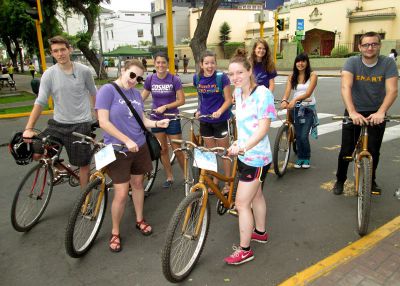 After renting bikes, the group prepares to ride.