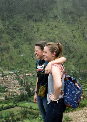 Lea and Courtney during their climb to the colcas, or storage houses, above Ollantaytambo.