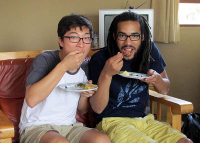 James and Josh sample the (unsweetened) maracuya fruit in unison.