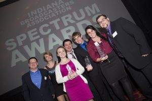 (L-R) Tony Miller, Ashley Davenport, Danielle Kerschhackl, WGCS General Manager Jason Samuel, Andrew Witkowski, Kelsey Morris and Jimmy Cassoday are pictured after winning the “Station of the Year” award at the 26th annual IBA Spectrum Awards. (Photo by Kyle Hufford)