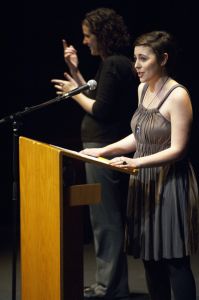 Lauren Trieber, a peace, justice and conflict studies major from Grand Rapids, Mich., speaks during the 2012 C. Henry Smith Peace Oratorical Contest. 