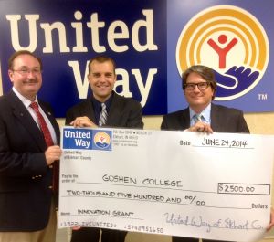 (L-R) Bill Rieth, President/CEO United Way of Elkhart County; Seth Conley, associate professor of communication at Goshen College and assistant director of Write on Sports Goshen; and Todd Yoder, major gifts office at Goshen College and Write on Sports Goshen board member.