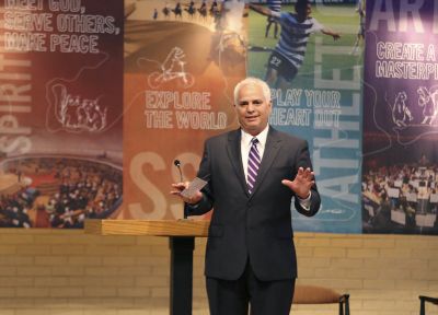 Goshen College President Jim Brenneman speaks about the core value of global citizenship during the opening convocation on Wednesday, Aug. 27. Global citizenship is the core value that will be the focus of the 2014-15 school year at Goshen College. (Photo by Brian Yoder Schlabach/Goshen College)