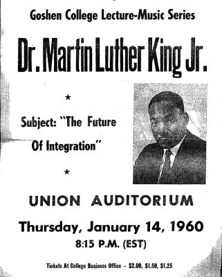 Poster announcement of Dr. King’s visit and lecture at Goshen College.