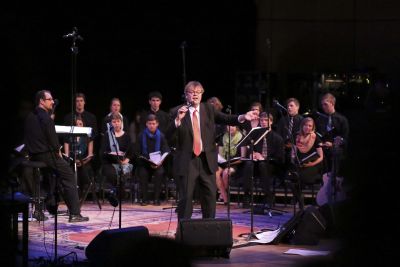 Garrison Keillor leads the audience in a hymn during the May 2 live broadcast of A Prairie Home Companion at Goshen College. (Photo by Brian Yoder Schlabach)