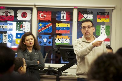 Gilberto Perez, senior director of intercultural development and educational partnerships at Goshen College, speaks at a workshop in January 2015. Rocio Diaz, Coordinator of Intercultural Community Engagement, looks on.