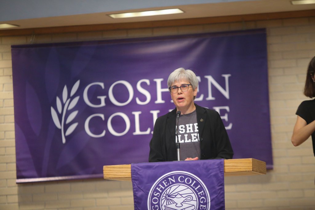 President Stoltzfus speaking at the podium in the Church Chapel