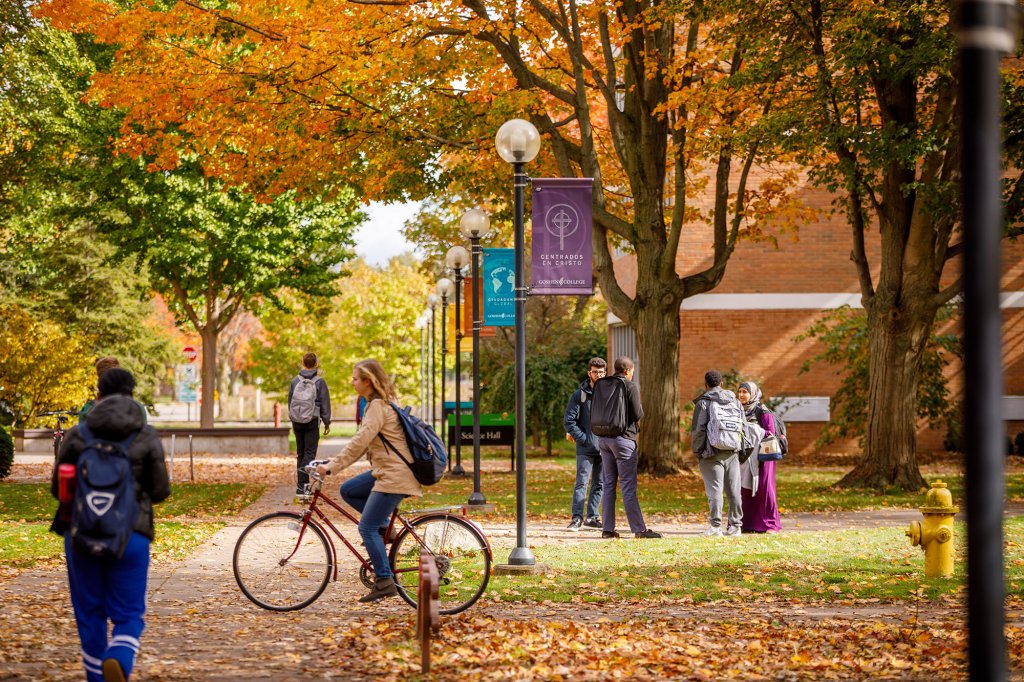 Students walking and biking to class and talking to each other while surrounded by colorful leaves on the branches and ground.