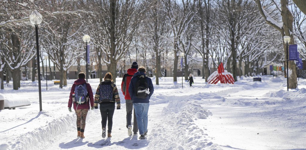 Multiple students heading to class after a heavy snow.