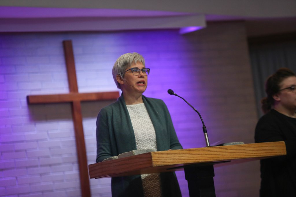 President Stoltzfus giving a speech at the Church Chapel.