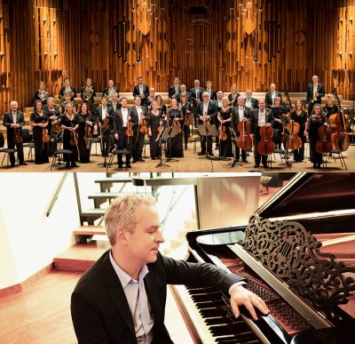 Academy of St. Martin in Fields Orchestra standing in arrangement and Jeremy Denk sitting at piano