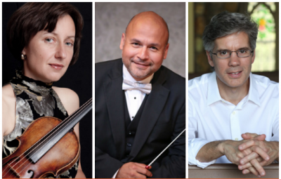 Head shots of Solomia Soroka with her violin, Jose Rocha with his baton, and Matthew Hill.