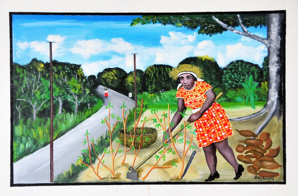 Painting of an African American woman hoeing in the garden by the vacant road