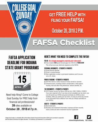 College goal Sunday poster. 'Get free help filing your FAFSA. October 28, 2018 2 P.M. FAFSA Checklist'