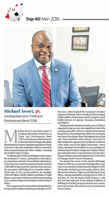 Top 40 Mean 2018 article. Micheal Awori, 38, Lending Executive Trade and Development Bank (TDB)