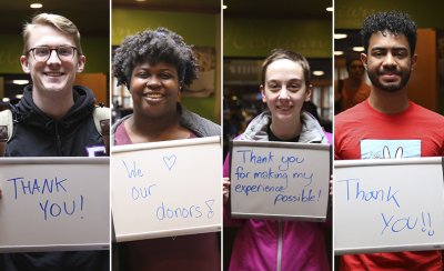 Photo composite of four people holding whiteboards. Thw two outside photos are male while the two inside photos are female. The whiteboards read 'thank you! We love our donors! Thank you for making my experience possible! Thank you!!'