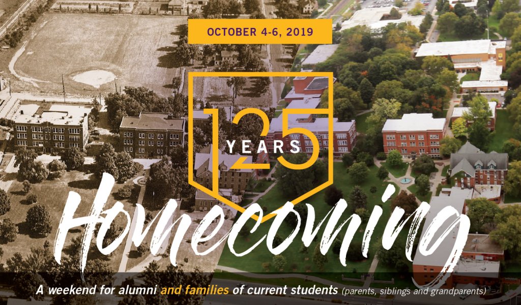 125 years Homecoming poster. Half of the photo is a sepia colored photo with only two buildings. The other half of the photograph is in color with man more buildings in the photo
