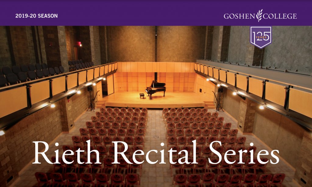 Rieth Recital Series poster. Photograph of a concert hall with a piano on stage