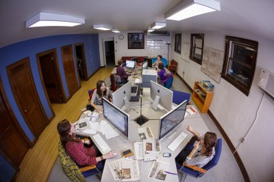 Wide-angle photo of a computer lab