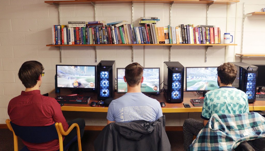 View from behind of three men at computers