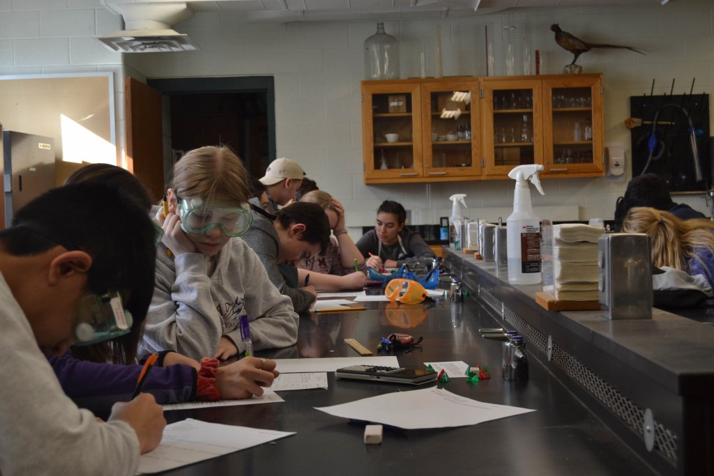 Several students working on assignments in a science classroom