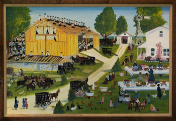 Painting of a group of buildings with furniture and tables of food on the lawn and a group of children in the back of the painting.