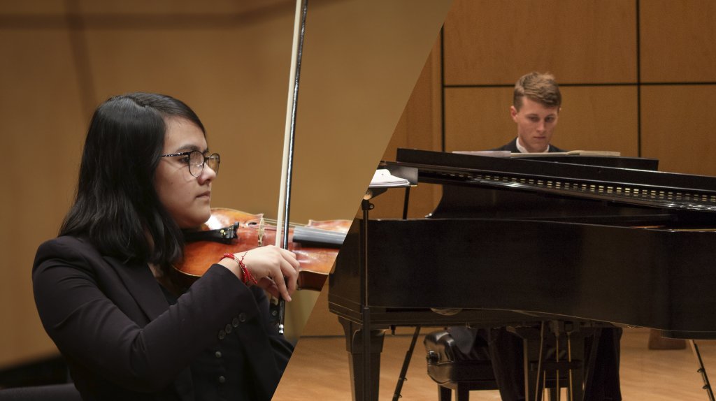 Split screen between a woman playing violin and a man playing piano