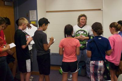 Students interview Michelle Marquis during a locker-room simulation.