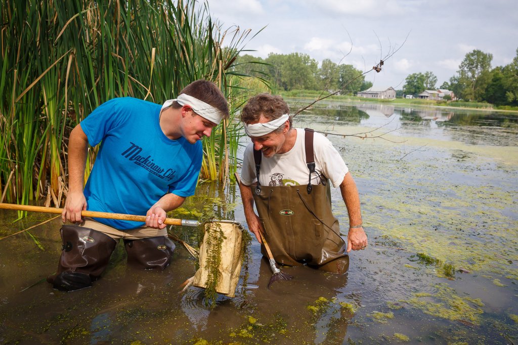 Two men looking in a net in the Merry Lea Environmental Learning Center of Goshen College wetlands